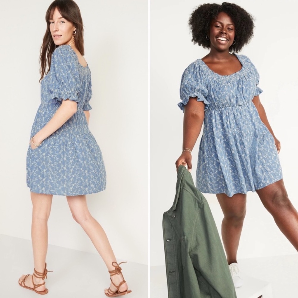 Old Navy Chambray embroidered puff sleeve mini dress